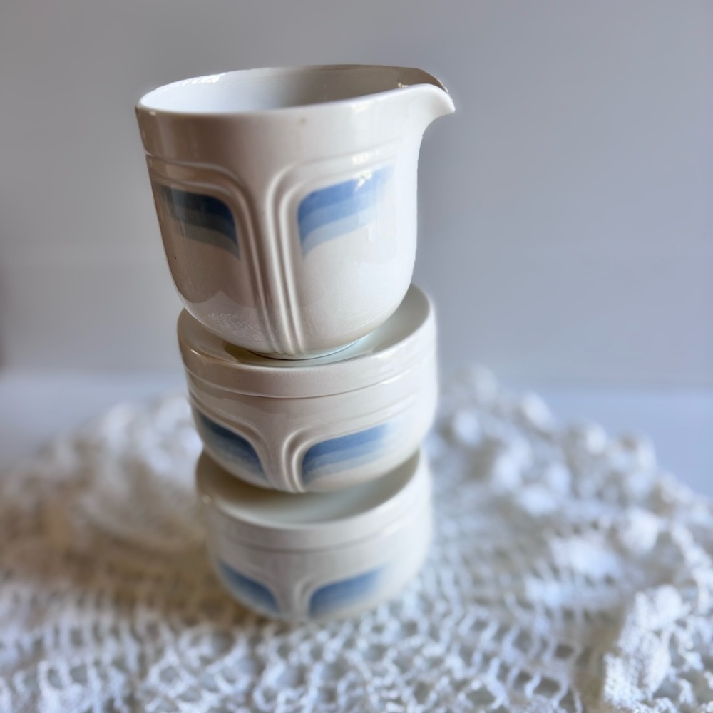 Grindley Hotel Ware Blue Band Creamer and Bowls Set England